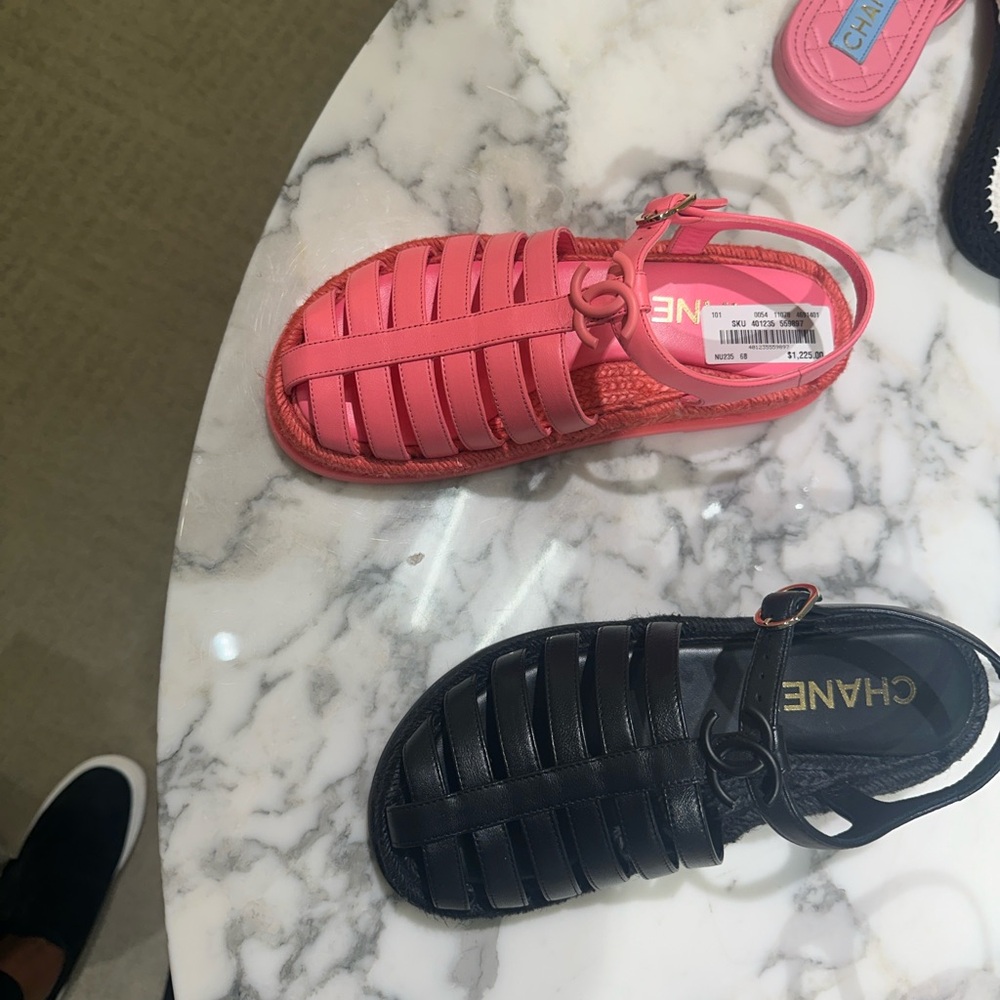 CHANEL Pink Sandals with Adjustable Ankle Straps and Flat Sole